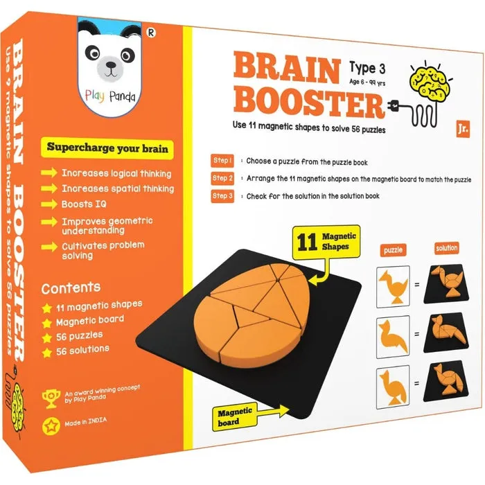Brain Booster Type 3 (junior) - 56 puzzles designed to boost intelligence - with Magnetic Shapes, Magnetic Board, Puzzle Book and Solution Book
