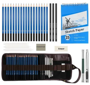 Corslet 30 Pc Professional Art Drawing Charcoal Pencils Kit Set for Artists with A5 Sketch Book Shading Sketching Graphite Sketch Supplies Stationary Adults Tools Best Gifts Beginners (Including Bag)