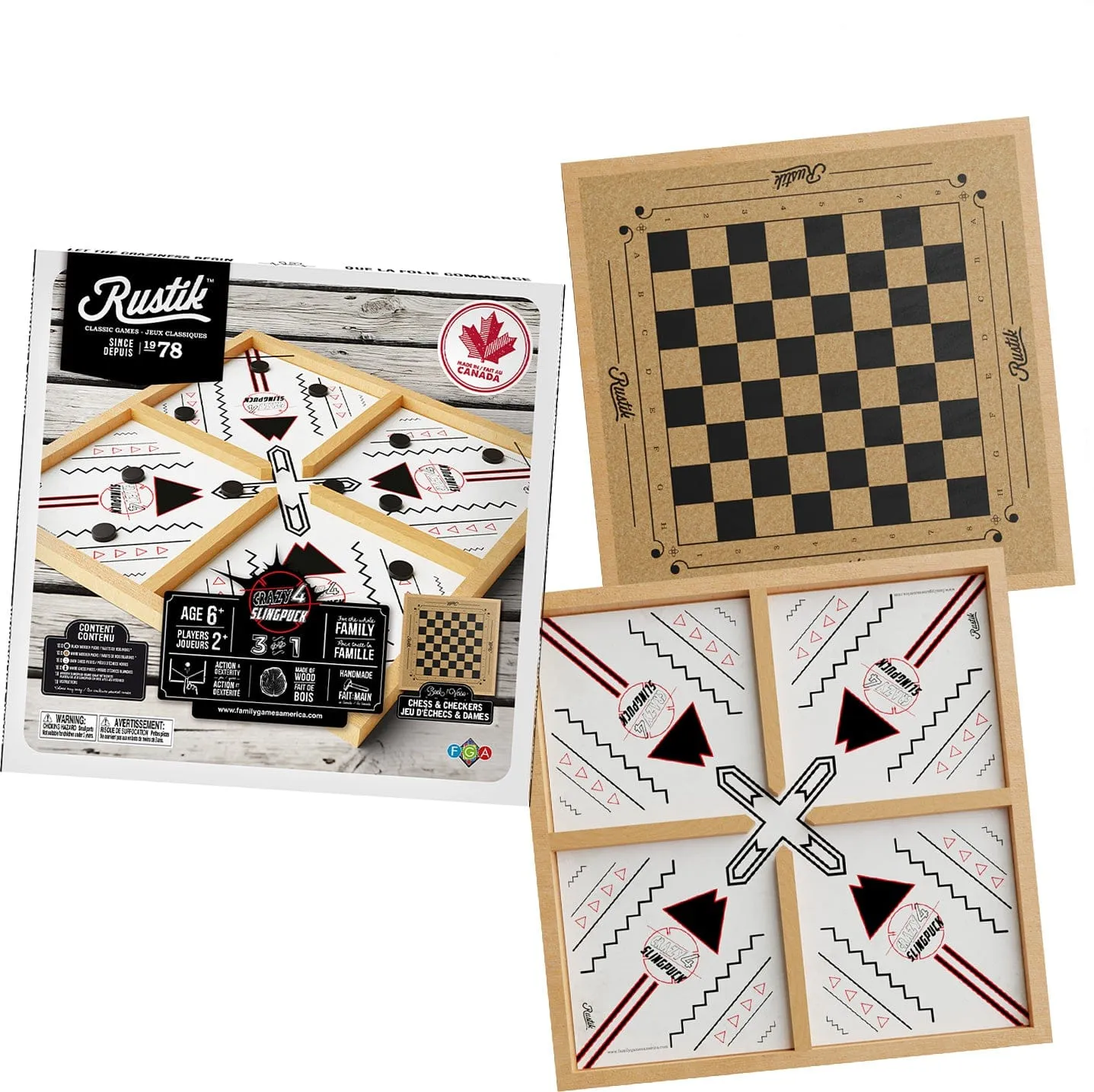 Rustik Crazy 4 Slingpuck 3-in-1 Game Board (with Chess & Checkers)