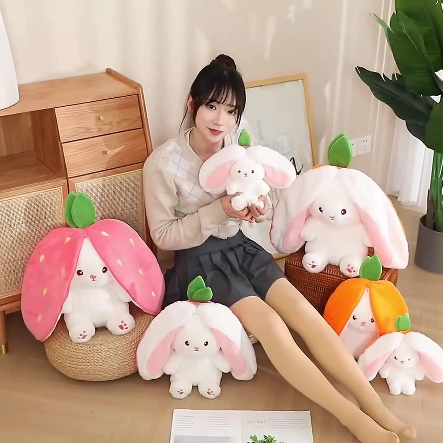 SILLYME Strawberry Rabbit - Reversible Bunny Soft Toy - Plush Toys for Girls - Strawberry Bunny pou Soft Toy (32 cm)