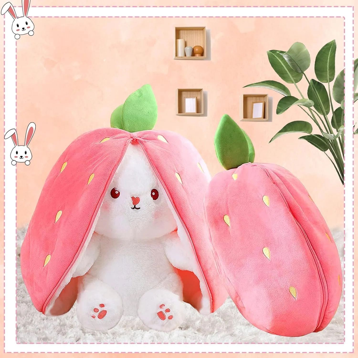 SILLYME Strawberry Rabbit - Reversible Bunny Soft Toy - Plush Toys for Girls - Strawberry Bunny pou Soft Toy (32 cm)