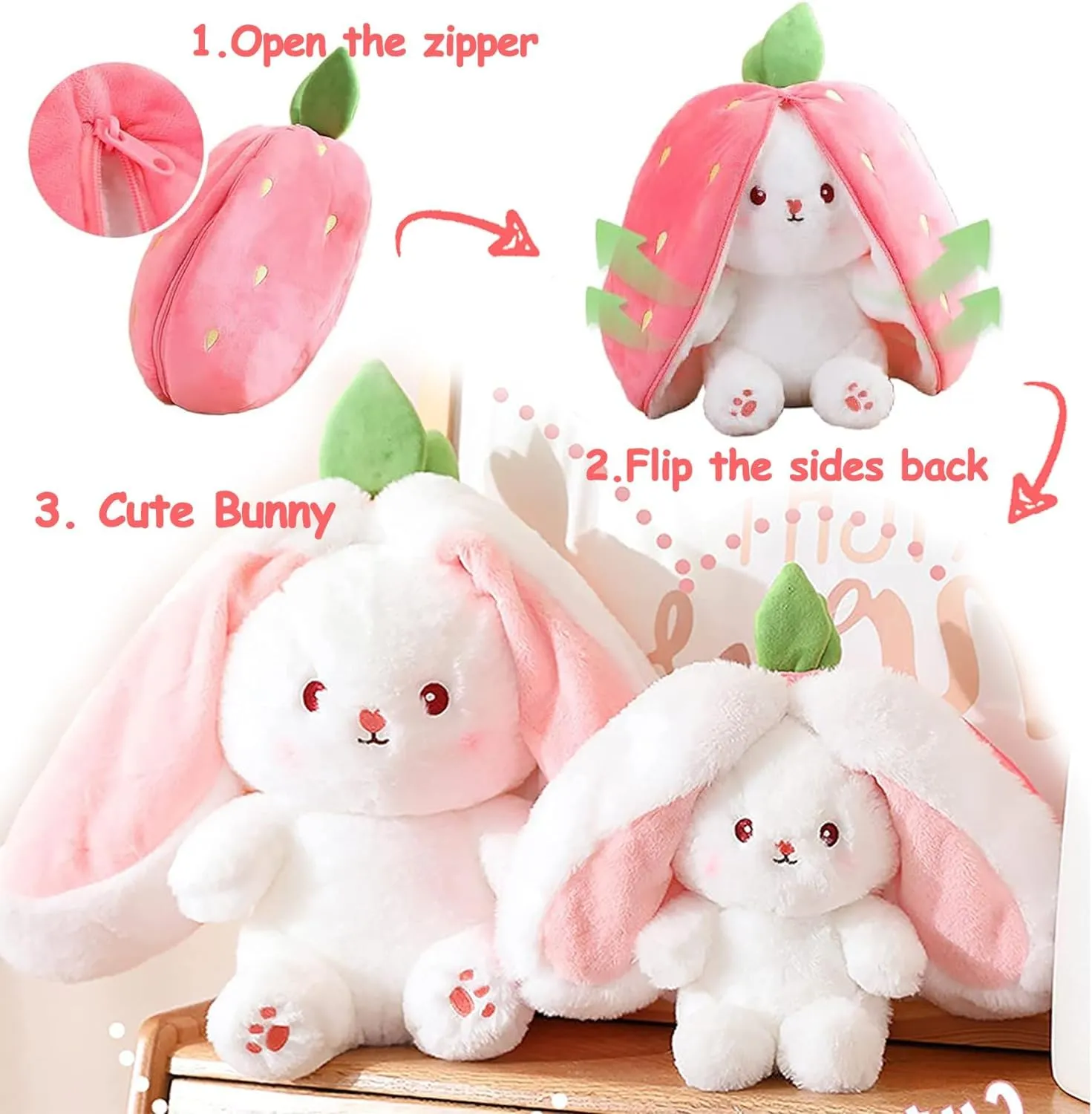 SILLYME Strawberry Rabbit - Reversible Bunny Soft Toy - Plush Toys for Girls - Strawberry Bunny pou Soft Toy (32 cm)