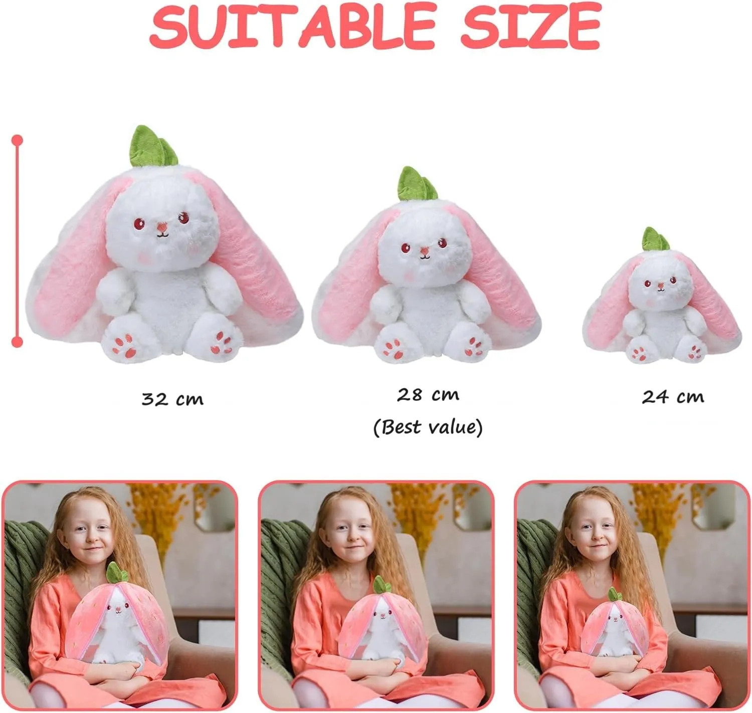 SILLYME Strawberry Rabbit - Reversible Bunny Soft Toy - Plush Toys for Girls - Strawberry Bunny pou Soft Toy (32 cm)